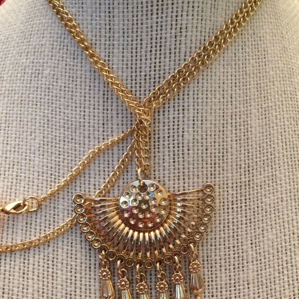 Copper Color Long Necklace with Dangle Circle A35